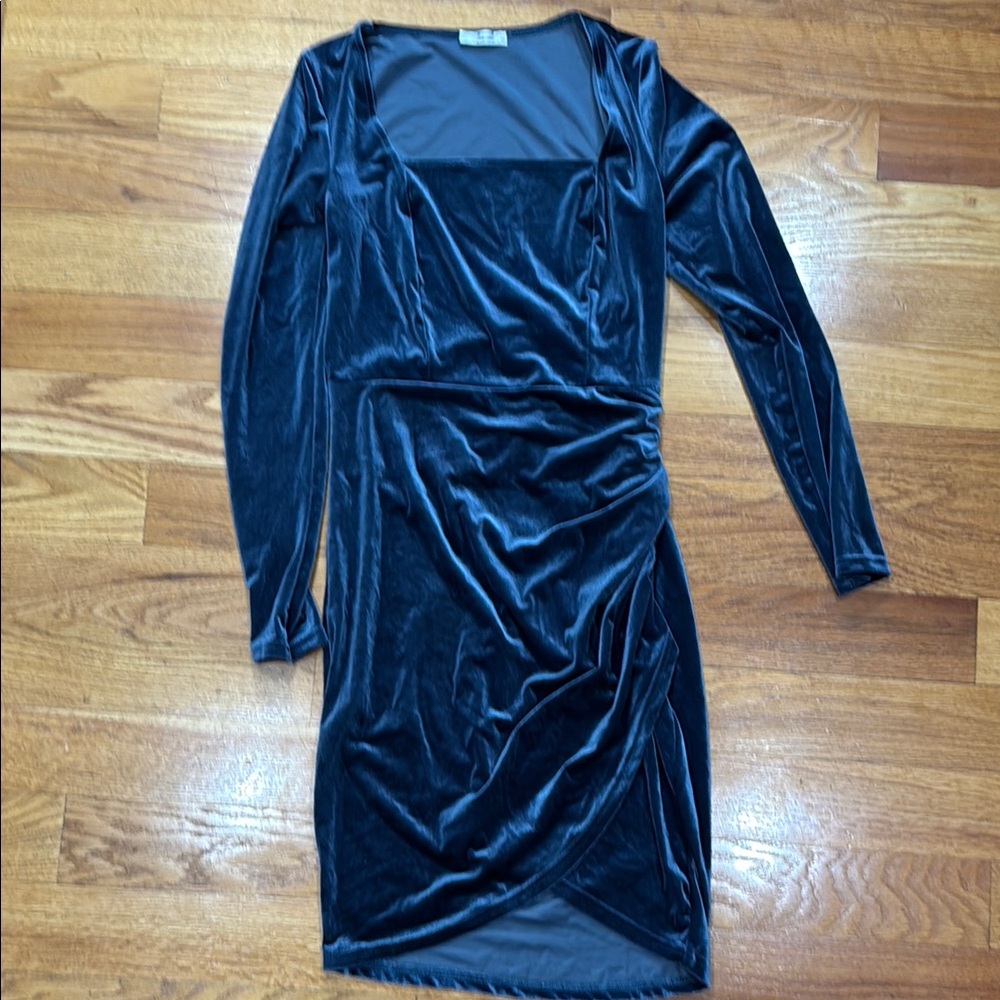 Blue Velvet Ruched Bodycon Dress with Square Neck